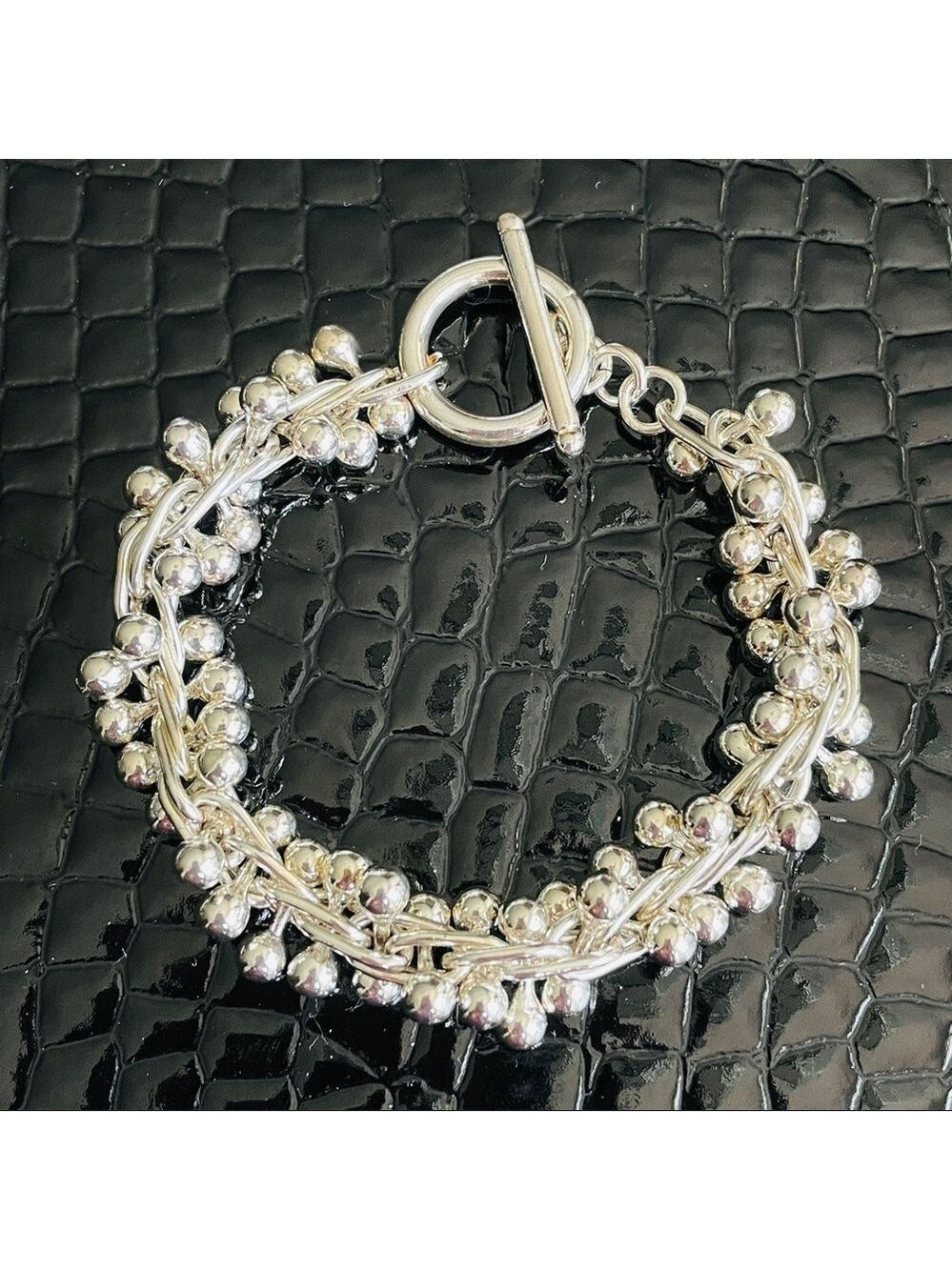 HEAVY Sterling Silver DNA Chain Link Ball Bead Toggle Clasp Bracelet